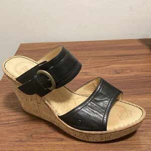 BOC Born Concepts Black Leather Cork Wedge Slide Women’s Sandal Size 11.